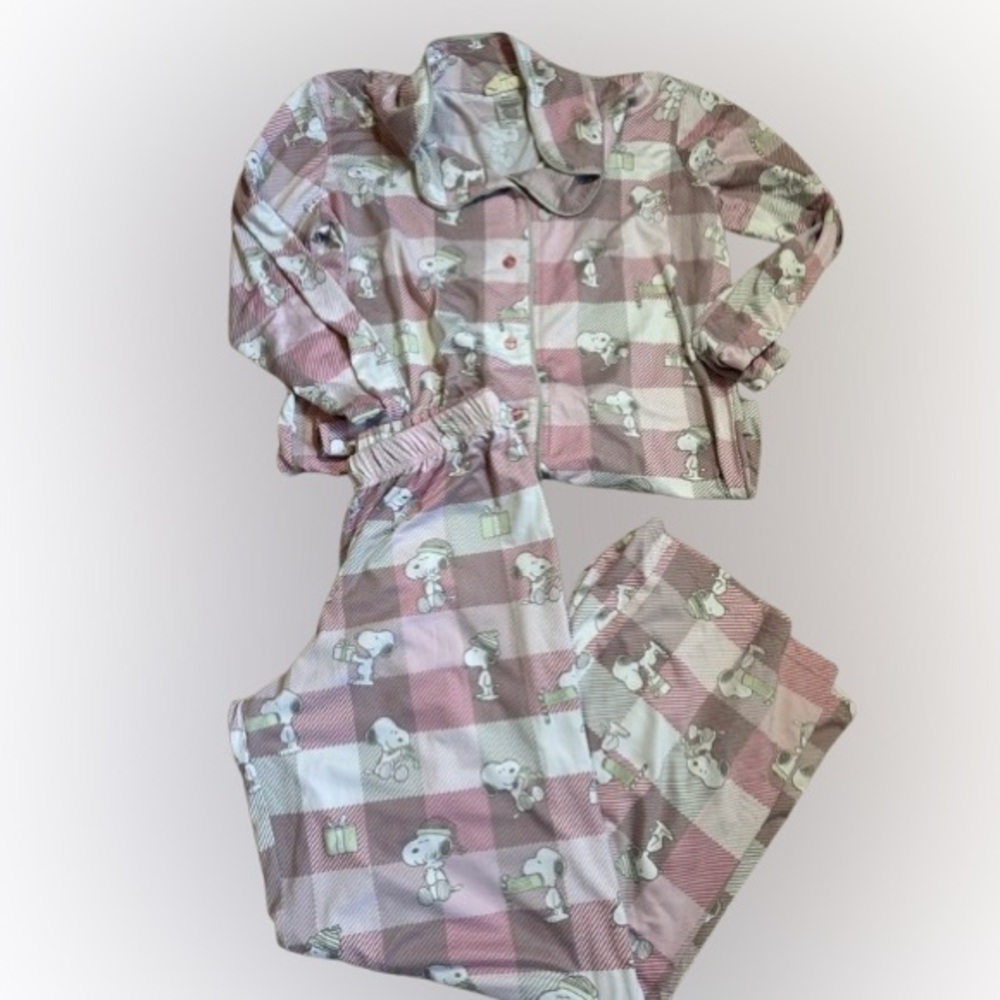 Snoopy Pajama Set by Munki Munki in Light Pink/Gray Plaid